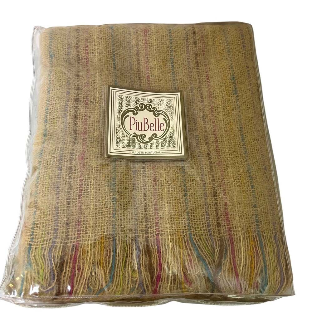 PiuBelle Silvia Mohair Acrylic Throw Blanket Yellow Pastel Stripes Portugal NEW